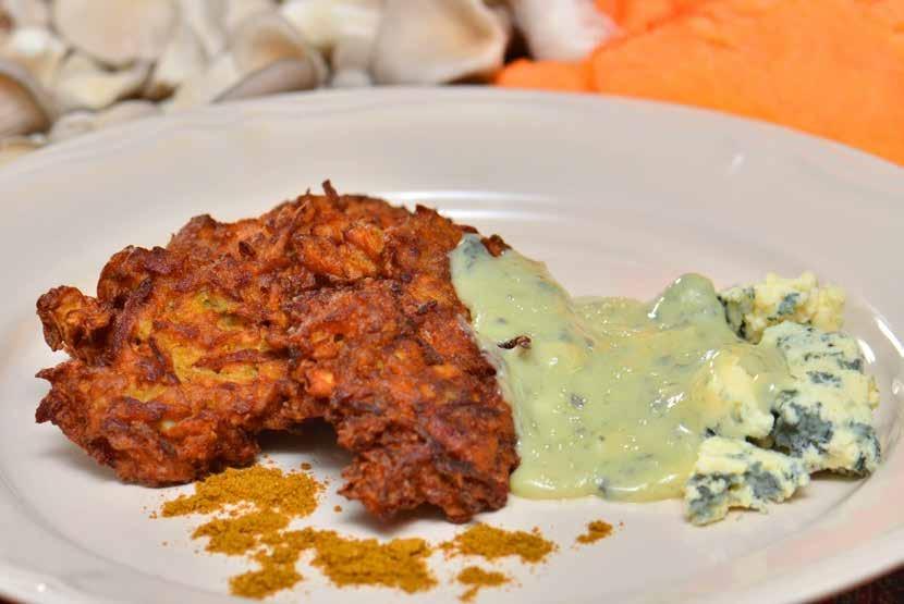 Pumpkin and Oyster Mushroom Pancakes with Blue Cheese Sauce