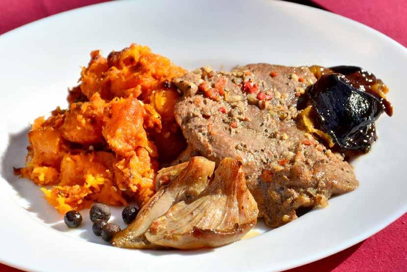 Roast Veal with Oyster Mushrooms and Plums on a bed of Pumpkin